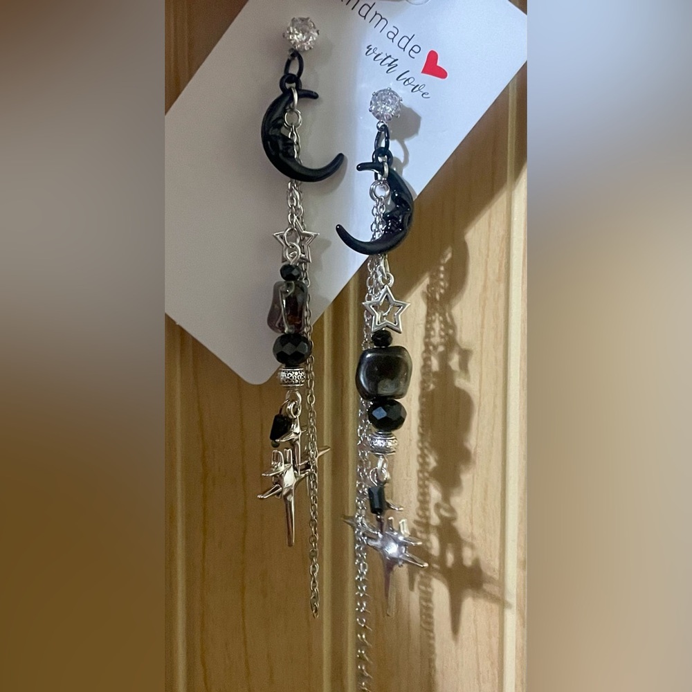 Silver and Black Star Moon Dangle Earrings
